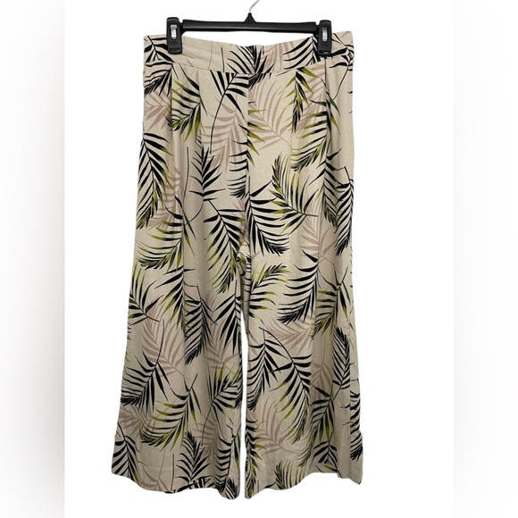 Ophelia Roe Linen Blend Pants Tropical Prints Wide Leg Crop Cream Size L - Picture 1 of 14